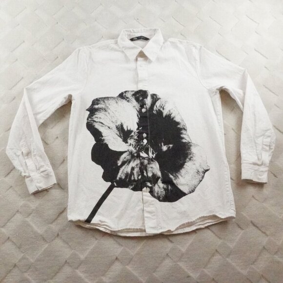 Zara Flower Printed Button Up Shirt Mens Small White Long Sleeve - Picture 1 of 11